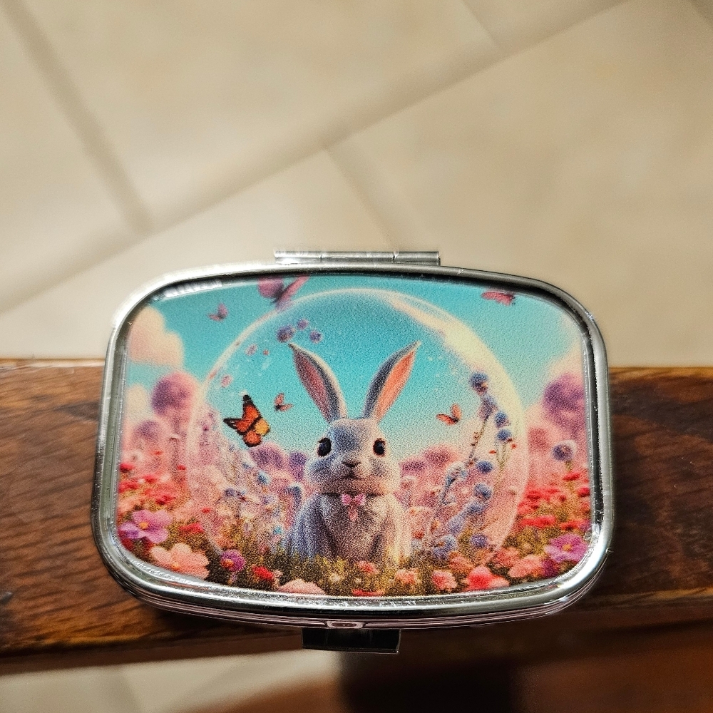 Pink Rabbit Rectangular 2 Compartment Travel Vitamin Pill Box New Without Tag